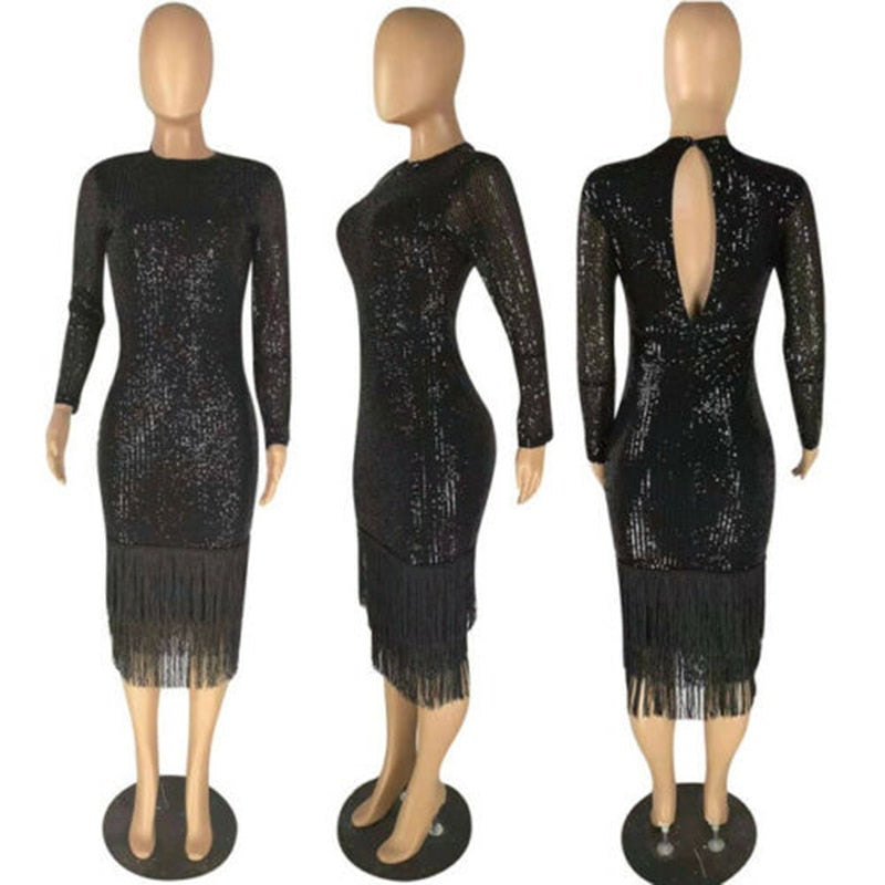 Black Sequin Long Sleeve Tassel Hem Bodycon Midi Dress