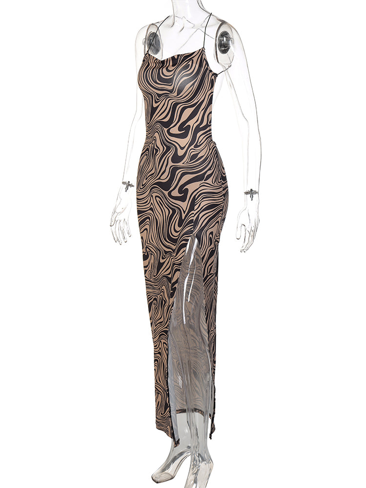 Leopard Print Swing Collar Backless Slit Maxi Dress