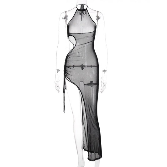 Mesh Halter Backless Slit Irregular Midi Dress