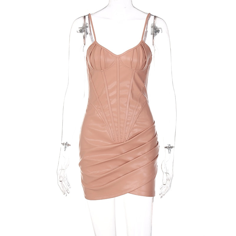 Khaki Pu Leather Sleeveless Mini Dress
