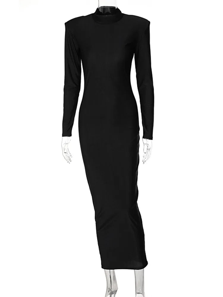 Long Sleeve With Shoulder Pads Turtleneck Maxi Dresses