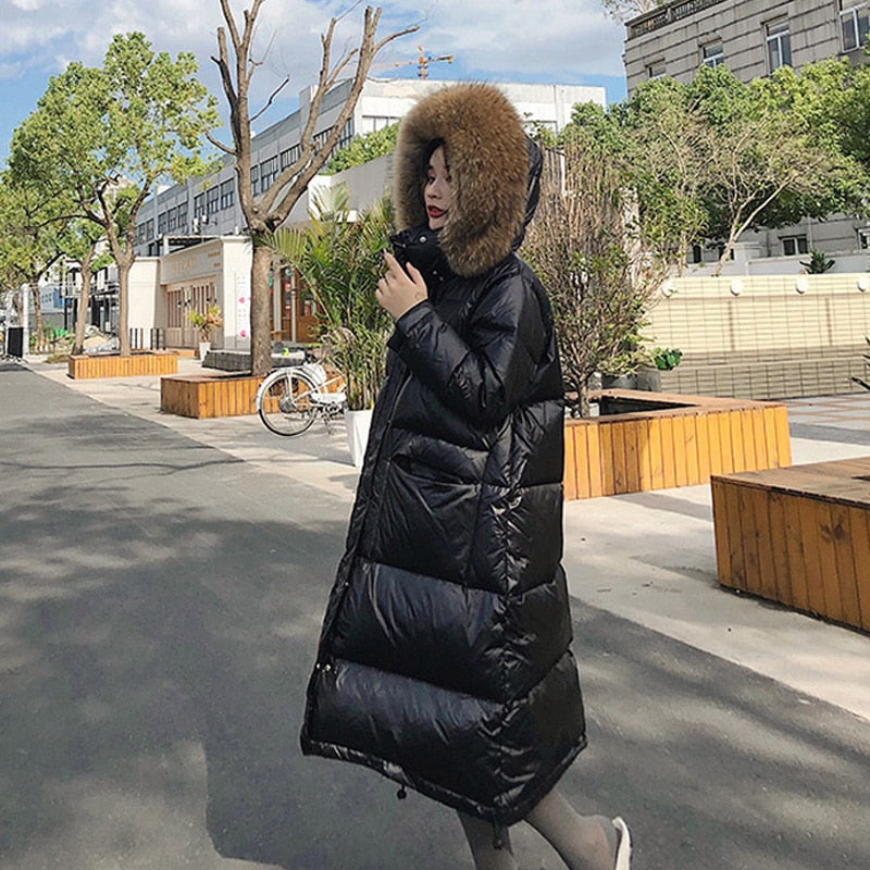 Real Fur Duck Down Loose Puffer Overcoats