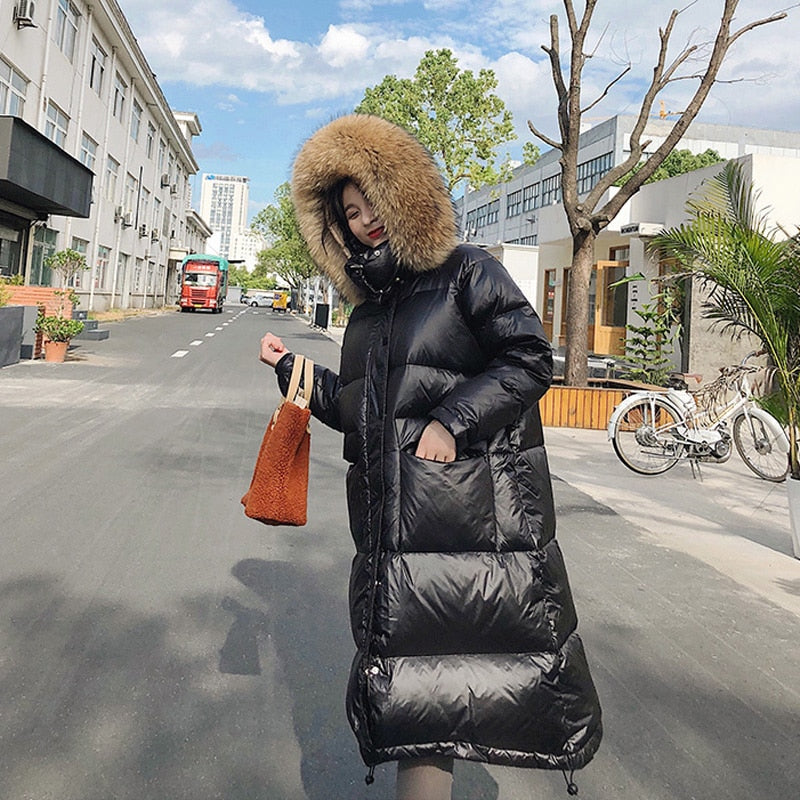 Real Fur Duck Down Loose Puffer Overcoats