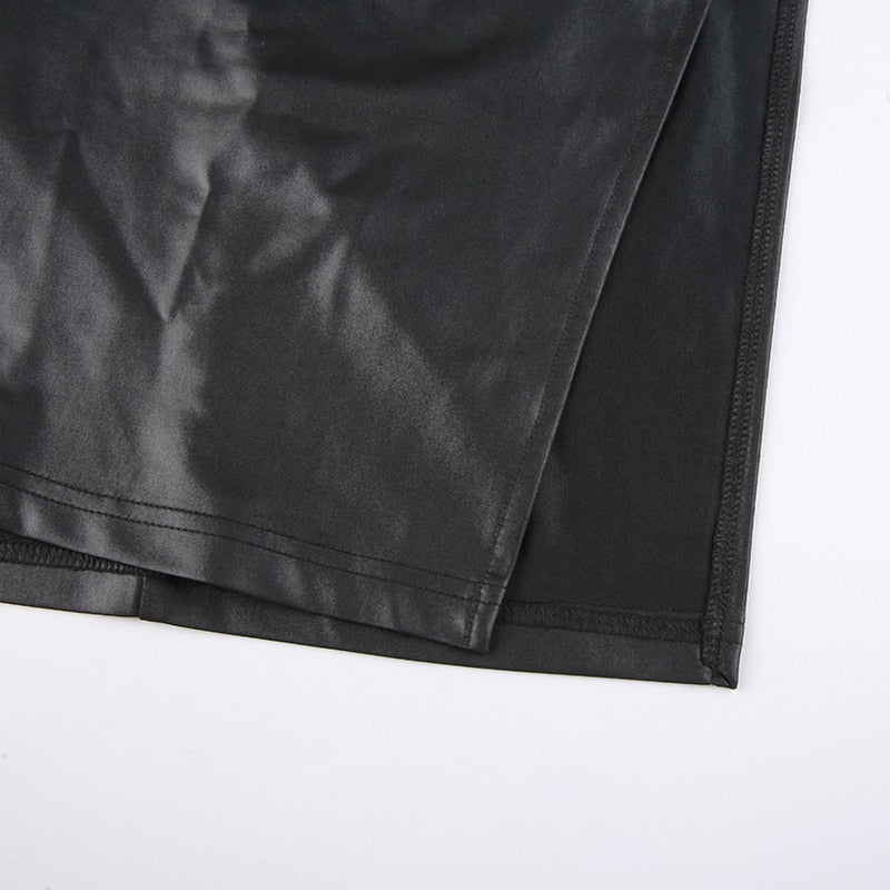 Pu Leather Bandage Backless Split Midi Dresses