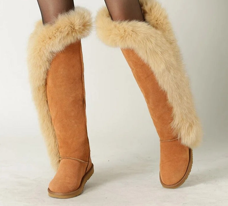 Genuine Leather Natural Side Fur Long Boots