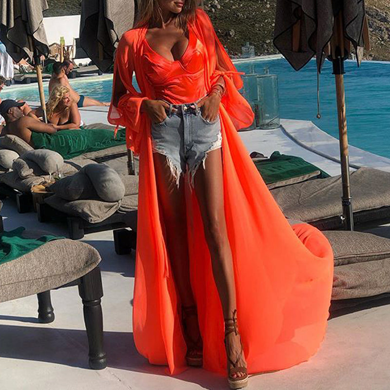 Orange Long Beach Kimono Long sleeve Cover Ups Dress
