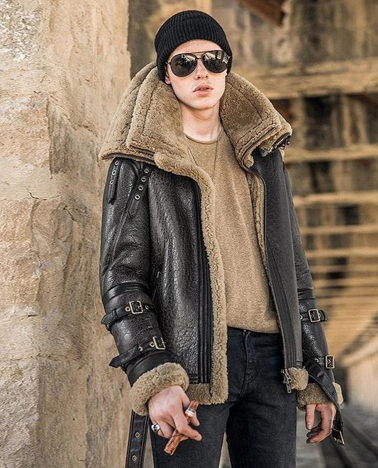 Genuine Leather Real Shearling Fur Lining Military Coats