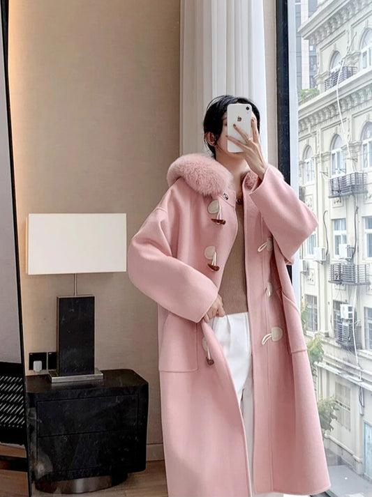 Cashmere Horn Button Hooded Real Fox Fur Coats