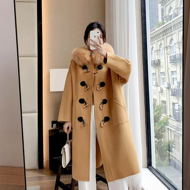 Cashmere Horn Button Hooded Real Fox Fur Coats