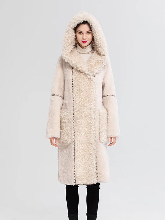 Hooded Long Natural Wool Fur Coats