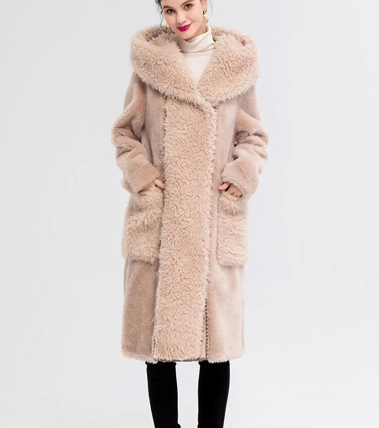 Hooded Long Natural Wool Fur Coats