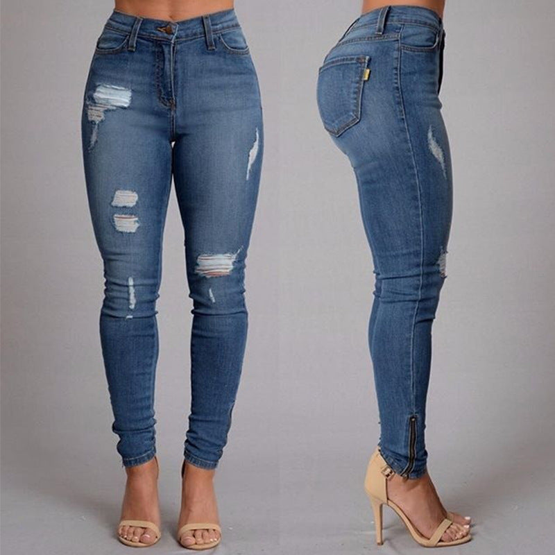High Waist Pencil Ripped Hole Washed Jeans