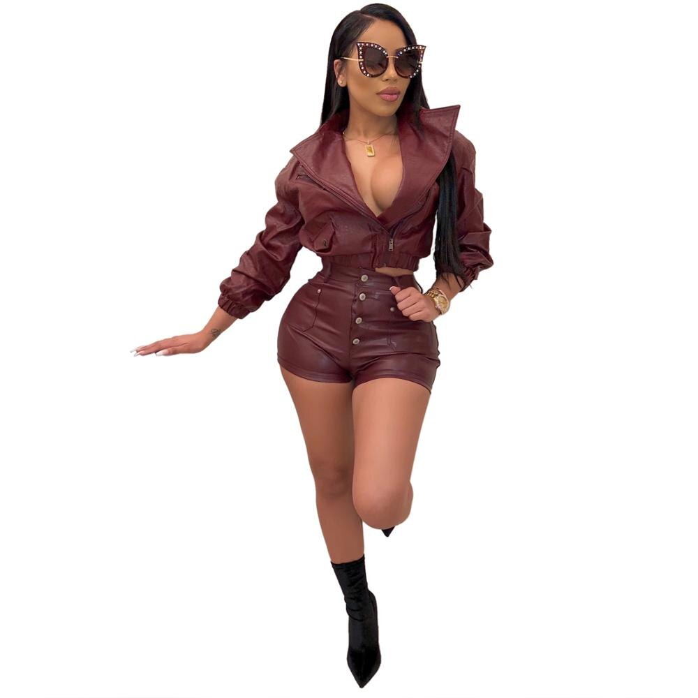 Pu Leather Turn Down Collar Crop Jacket and Shorts Sets