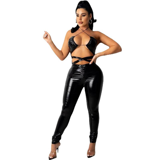 Pu Leather Spaghetti Open V Hollow Belly Backless Jumpsuits