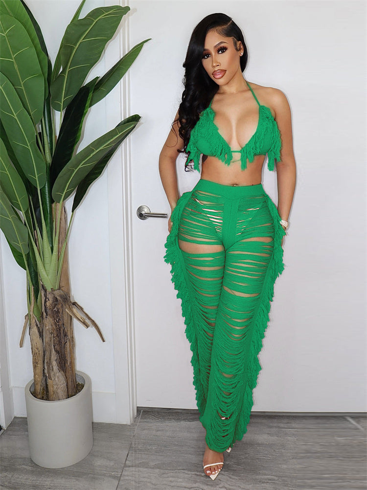 Knitted Halter Backless Bra & Pants Sets