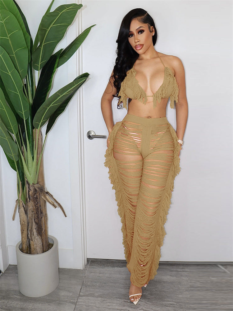 Knitted Halter Backless Bra & Pants Sets