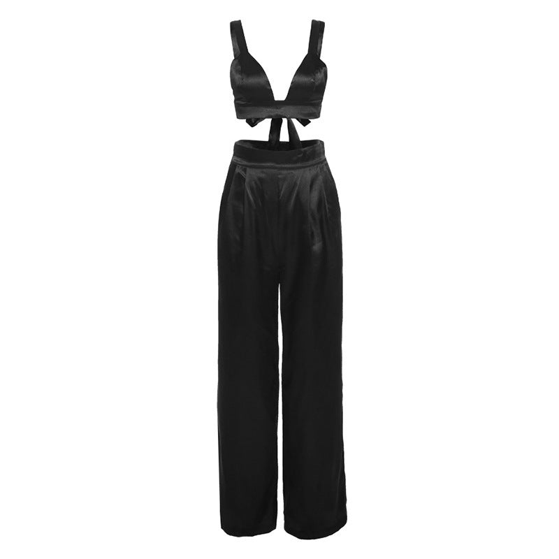 Satin Crop & High Waist Loose Pants