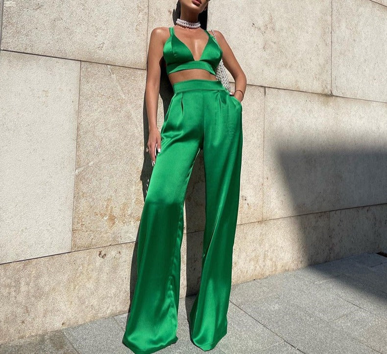 Satin Crop & High Waist Loose Pants