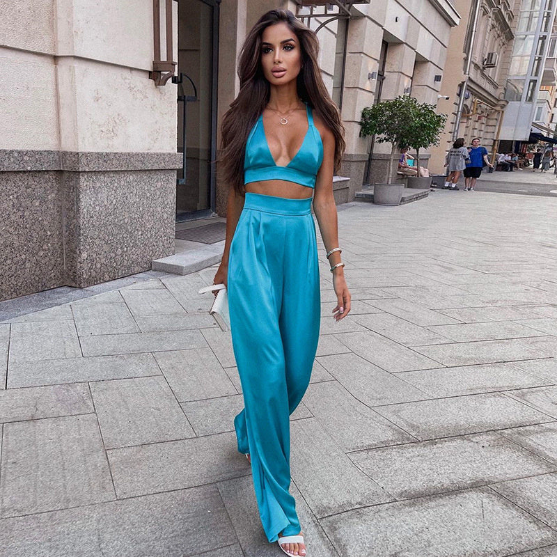 Satin Crop & High Waist Loose Pants