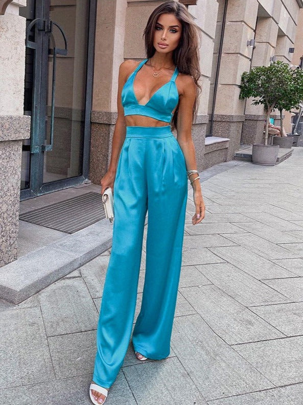 Satin Crop & High Waist Loose Pants