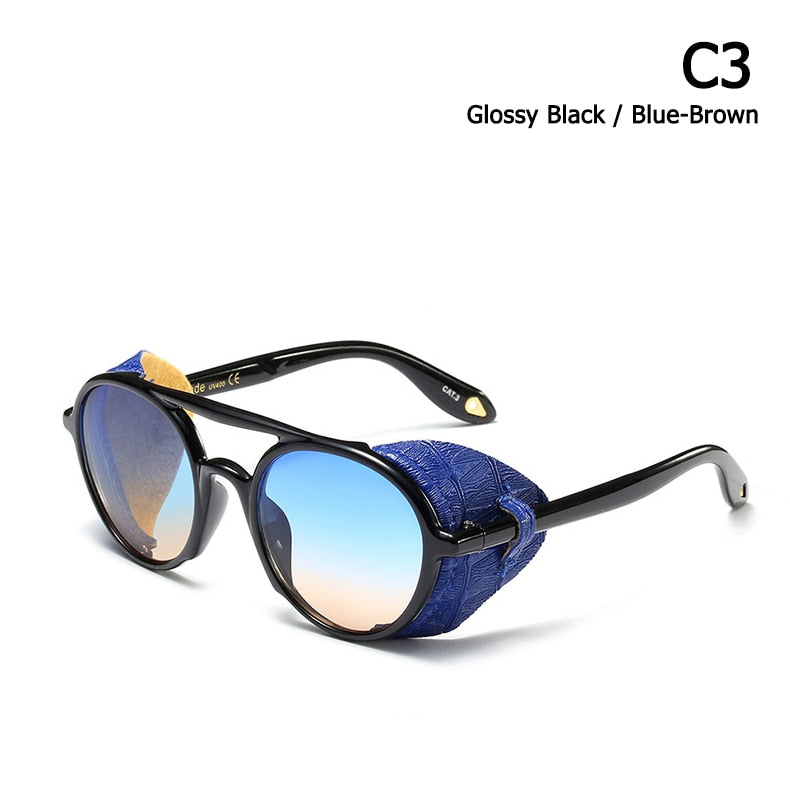 JackJad 2019 Cool Fashion SteamPunk Style Round Sunglasses Leather Side Shield Brand Design Sun Glasses Oculos f86ddc27 ec1e 4bd5 af89