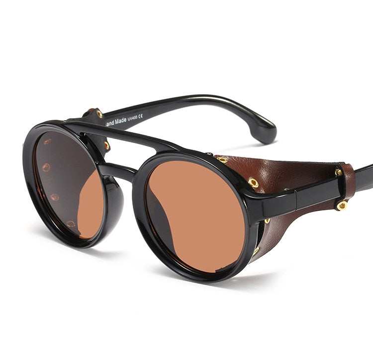Vintage Round Leather Side Shield Sunglasses