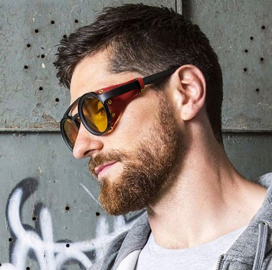 Vintage Round Leather Side Shield Sunglasses