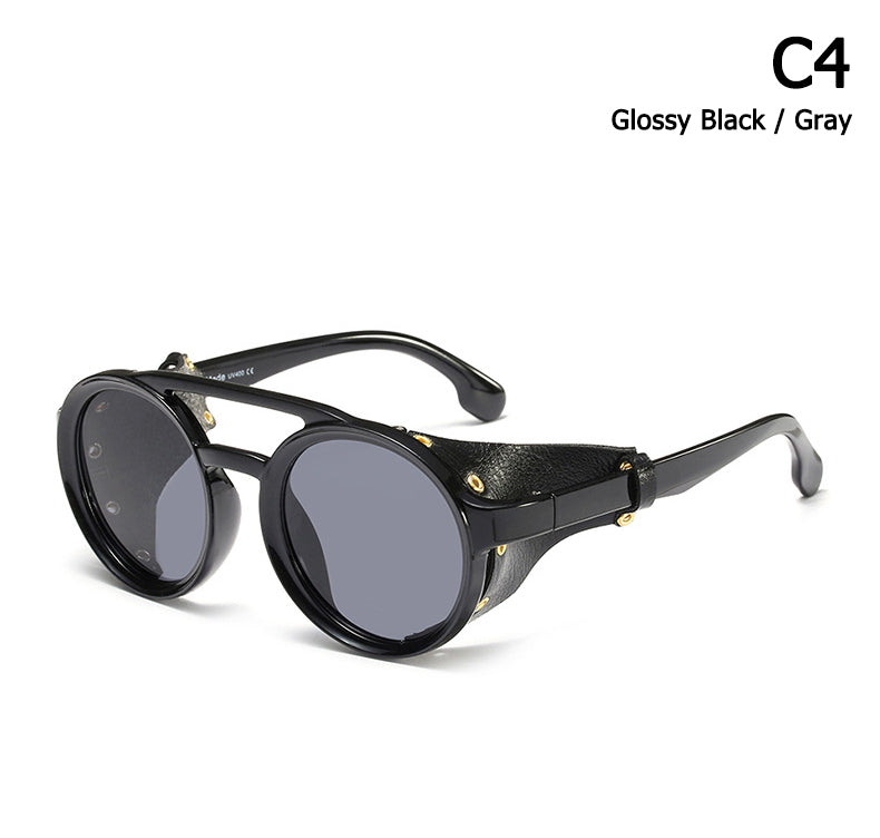 Vintage Round Leather Side Shield Sunglasses