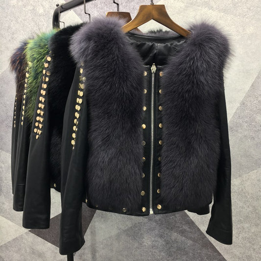 Genuine Leather Jacket Studded Arms Fur Chest