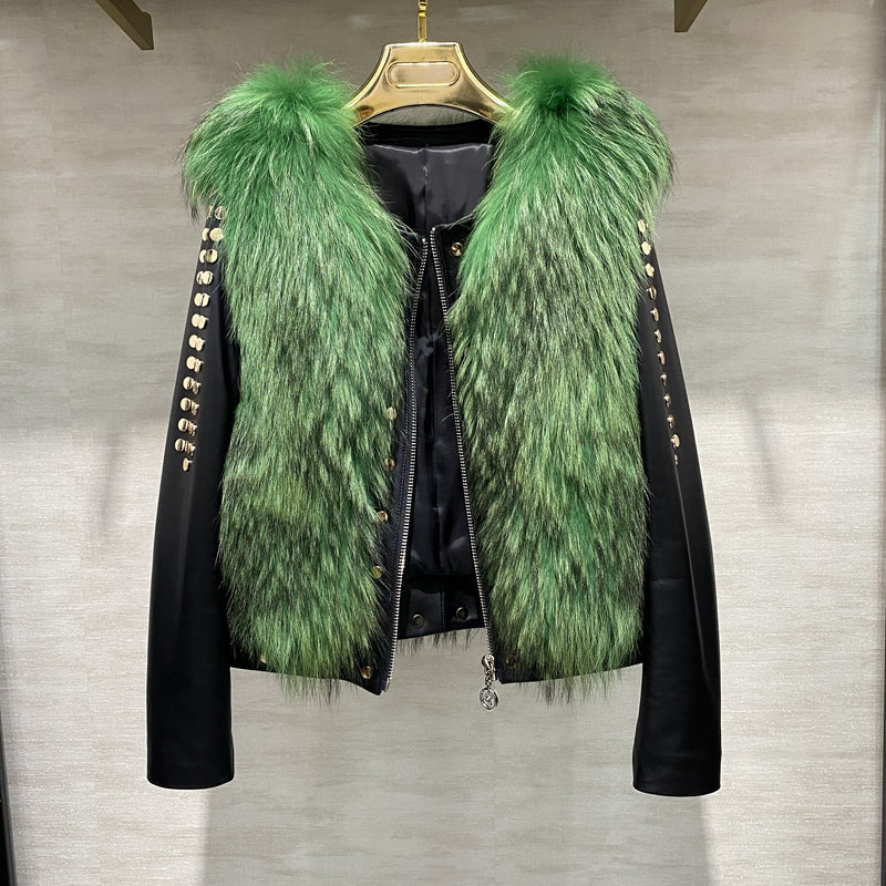 Genuine Leather Jacket Studded Arms Fur Chest