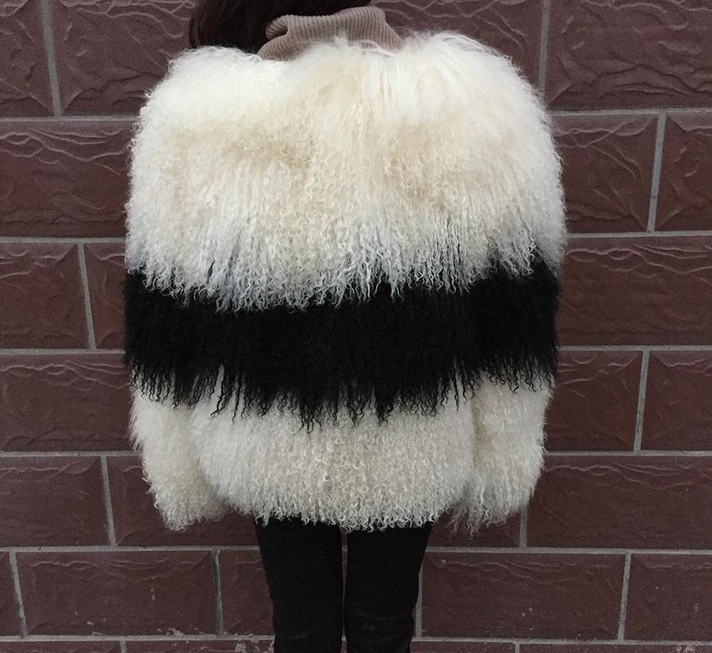 Black Stripe Real Mongolian Sheep Fur Coats