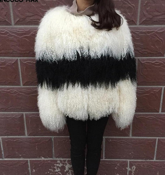 Black Stripe Real Mongolian Sheep Fur Coats