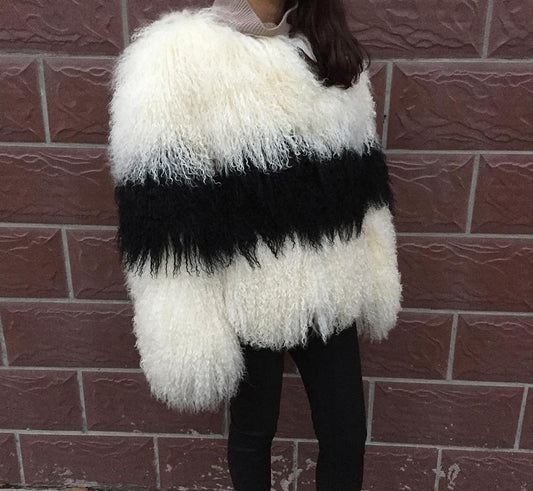 Black Stripe Real Mongolian Sheep Fur Coats