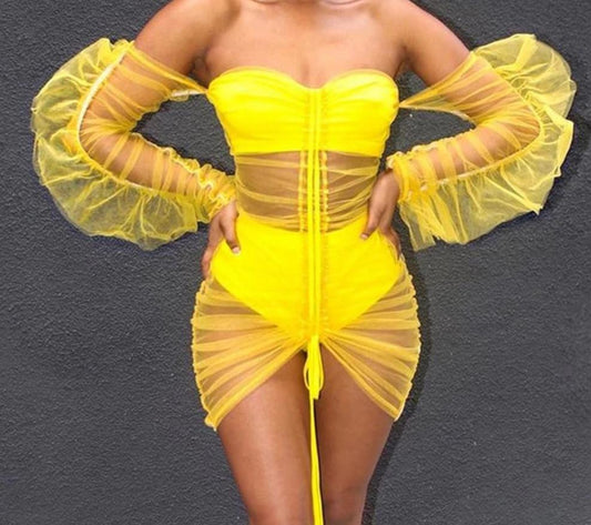 Yellow Off the Shoulder Frill Long Sleeve Mesh Mini Dress