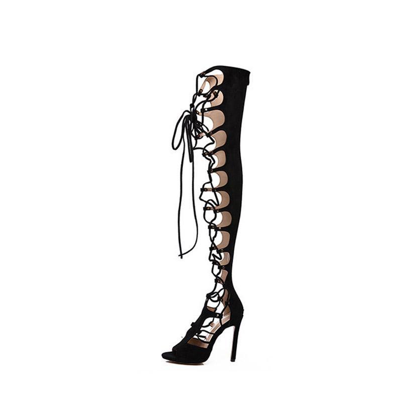 Women's Red Stiletto Heels Peep Toe Knee High Strappy Gladiator Sandals  |FSJshoes