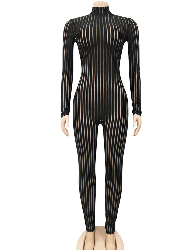 Black Stripe Mesh Long Sleeve Jumpsuit