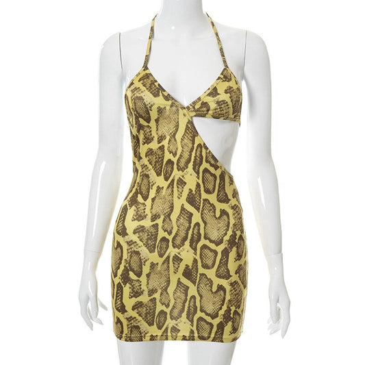 Yellow Snake Spaghetti Strap Mini Dress