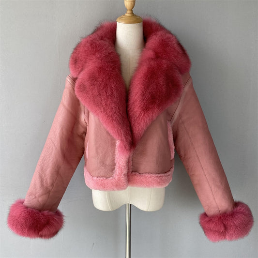 Genuine Leather Coats Big Fur Collar Real Shearling Lining