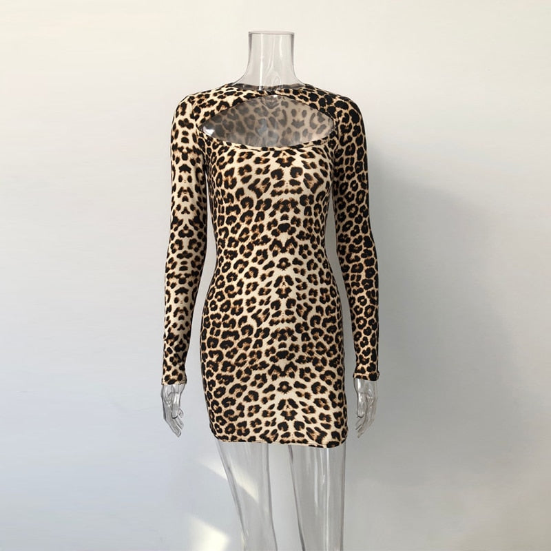 Leopard Print Hollow Bodycon Dress