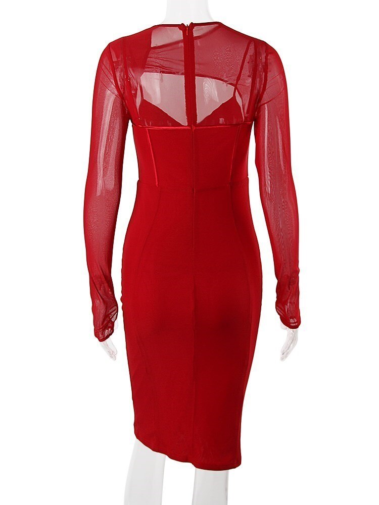 Mesh Long Sleeve Corset Midi Dresses