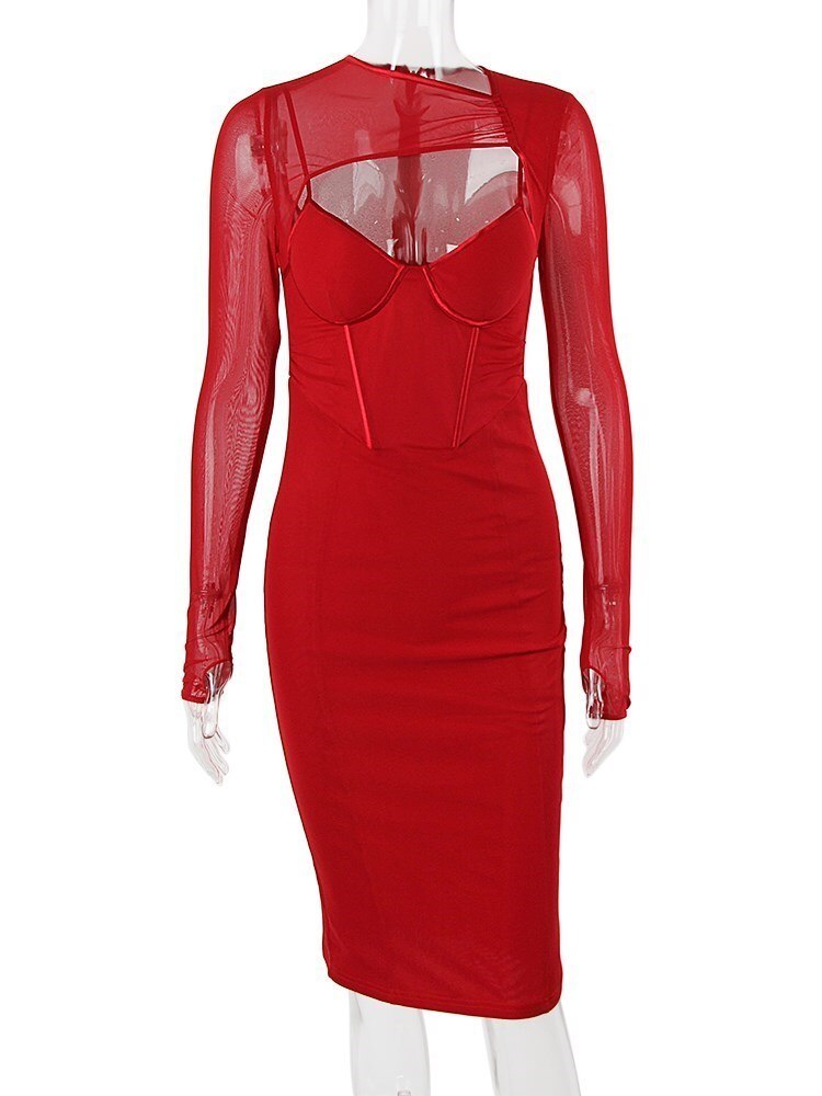 Mesh Long Sleeve Corset Midi Dresses