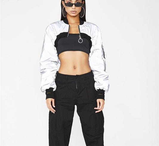 Reflector Zipper Turtleneck Micro Crop Jackets
