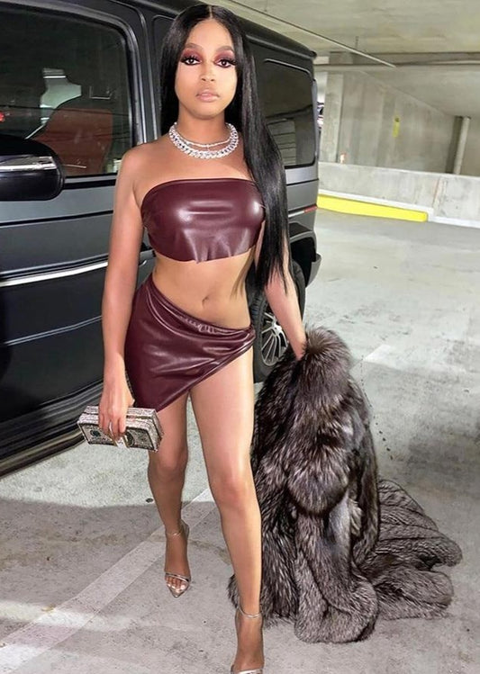 PU Leather Crop Top Asymmetrical Mini Skirt Sets