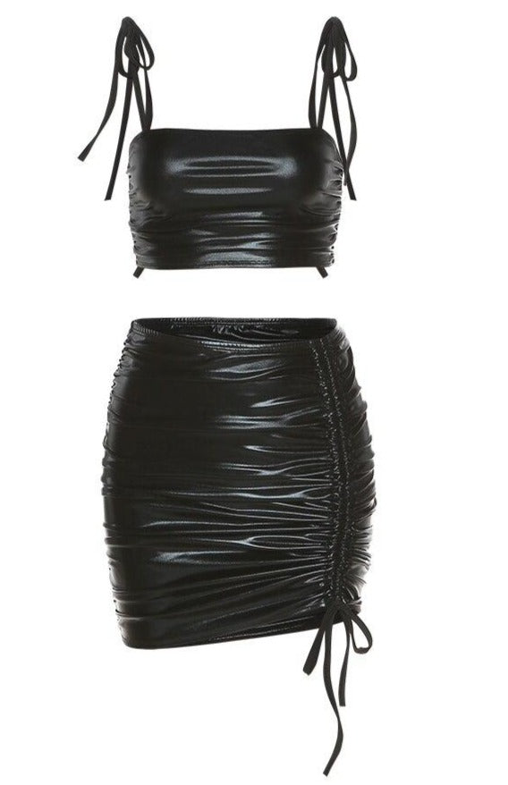 PU Leather Drawstring Sleeveless Crop & Skirt