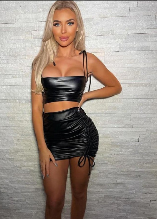 PU Leather Drawstring Sleeveless Crop & Skirt
