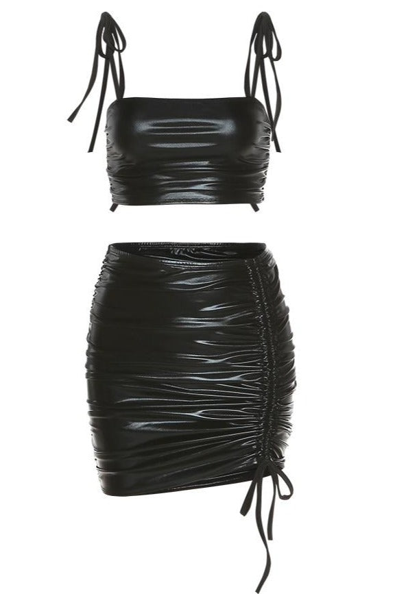 PU Leather Drawstring Sleeveless Crop & Skirt