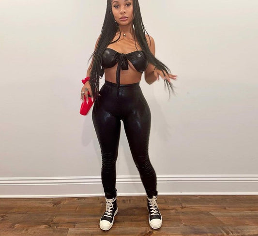 PU Leather Criss Cross V Sleeveless Top & Pants