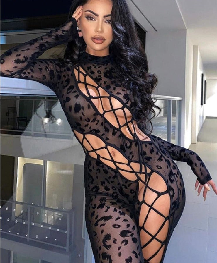 Leopard Mesh Bandage Baddie Jumpsuits