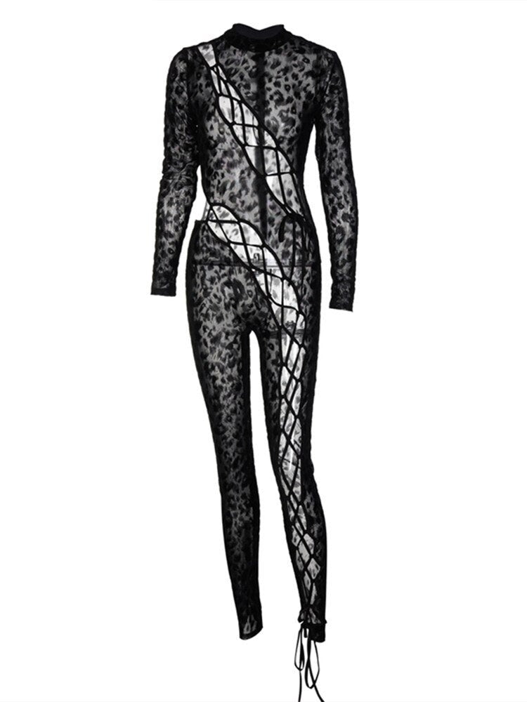 Leopard Mesh Bandage Baddie Jumpsuits