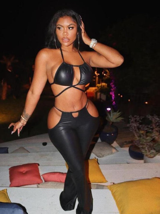 Pu Leather Lace Up Halter Bra + Mid Waist Hollow Hip Pants Set